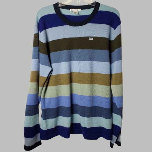 Qi Cashmere Pullover Striped Sweater Multicolor Blue Green & Brown XLarge - Picture 1 of 8